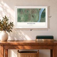 Riverview, Michigan map, 12 x 18 inch print in a white frame in an entryway