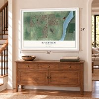 Riverview, Michigan map, 24 x 36 inch print in a white frame above a dresser by a staircase