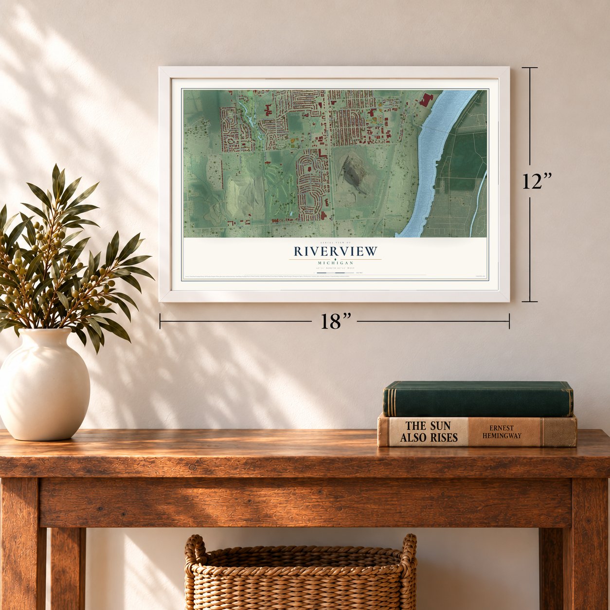 Riverview, Michigan map, 12 x 18 inch print in a white frame in an entryway