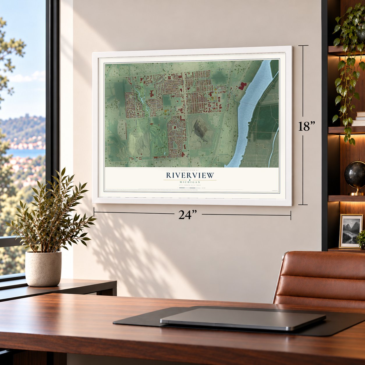 Riverview, Michigan map, 18 x 24 inch print in a white frame in a home office