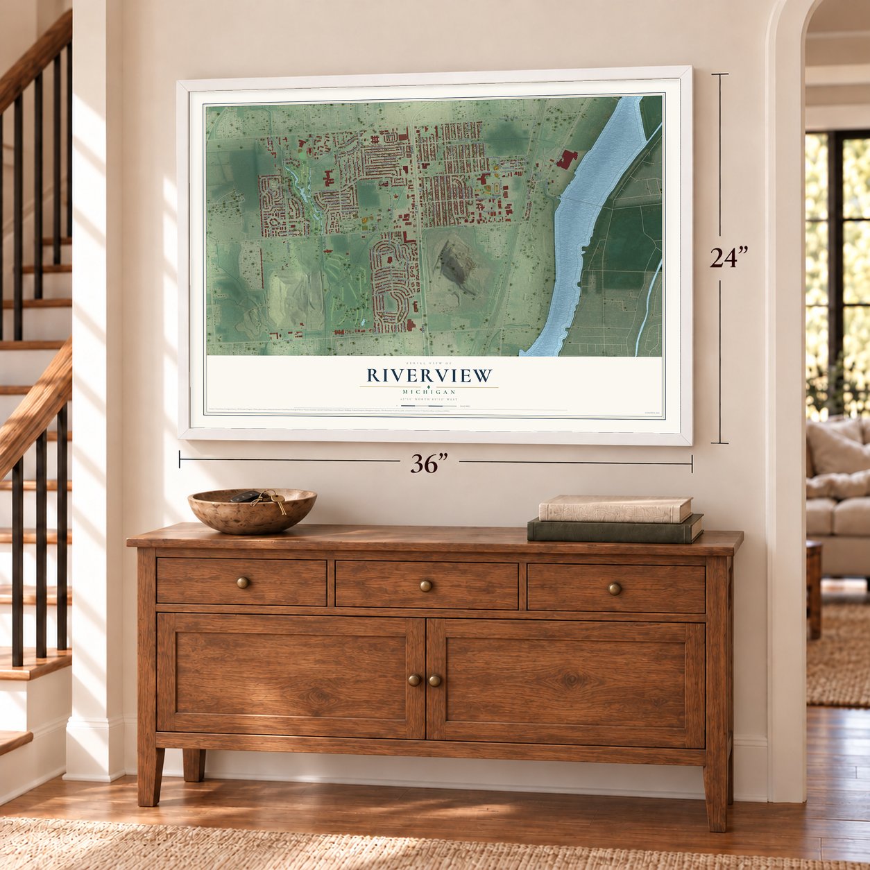 Riverview, Michigan map, 24 x 36 inch print in a white frame above a dresser by a staircase