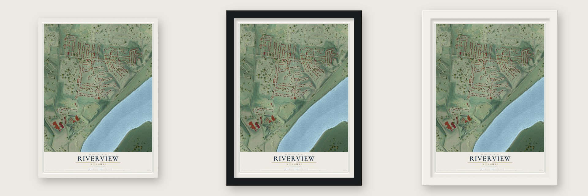 Riverview, Missouri map unframed, in a black wood frame and in a white wood frame