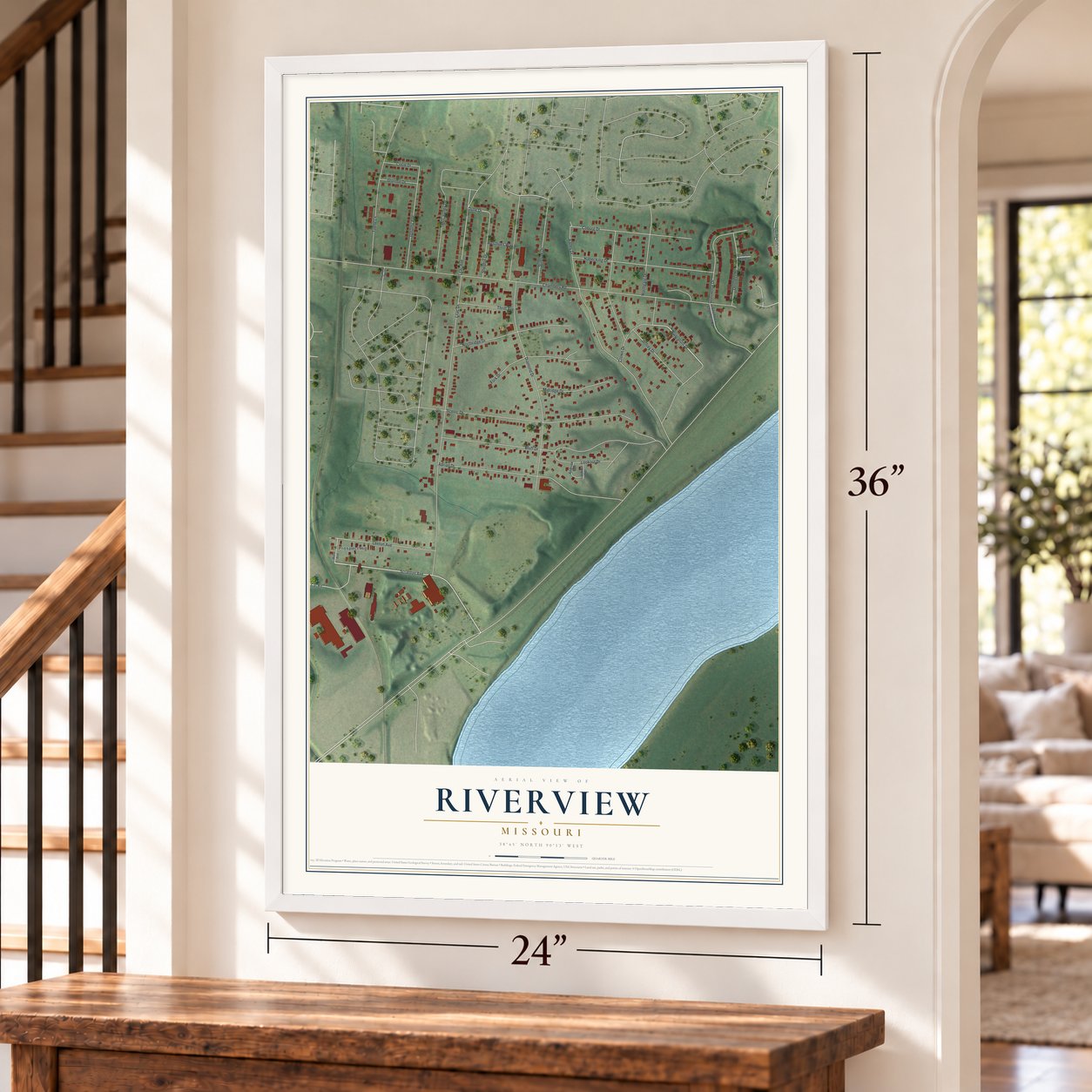 Riverview, Missouri map, 24 x 36 inch print in a white frame by a staircase