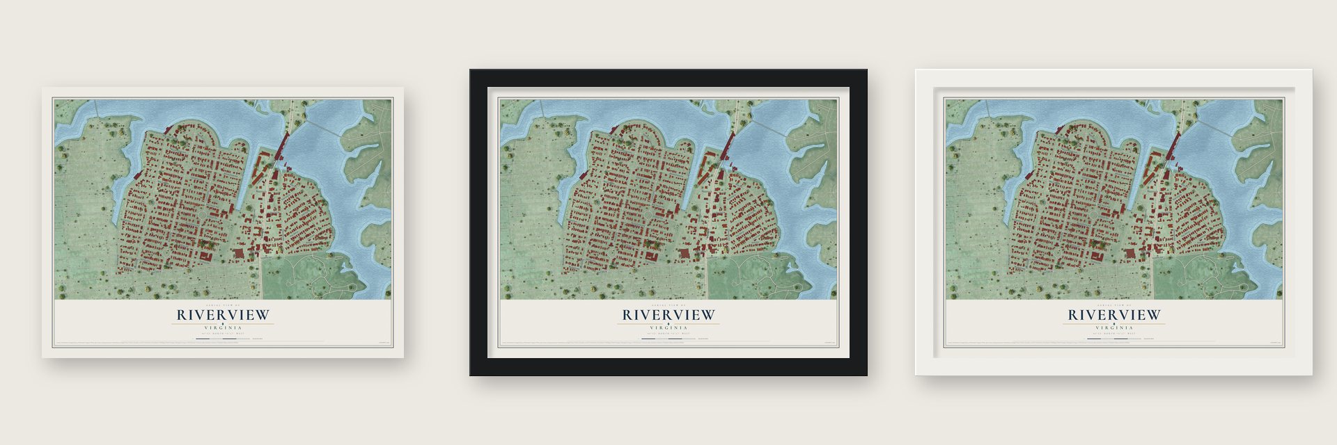 Riverview, Norfolk, Virginia map unframed, in a black wood frame and in a white wood frame