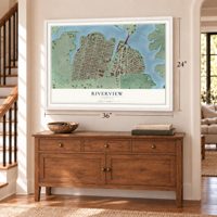 Riverview, Norfolk, Virginia map, 24 x 36 inch print in a white frame above a dresser by a staircase