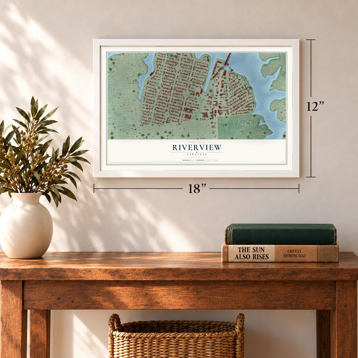 Riverview, Norfolk, Virginia map, 12 x 18 inch print in a white frame in an entryway