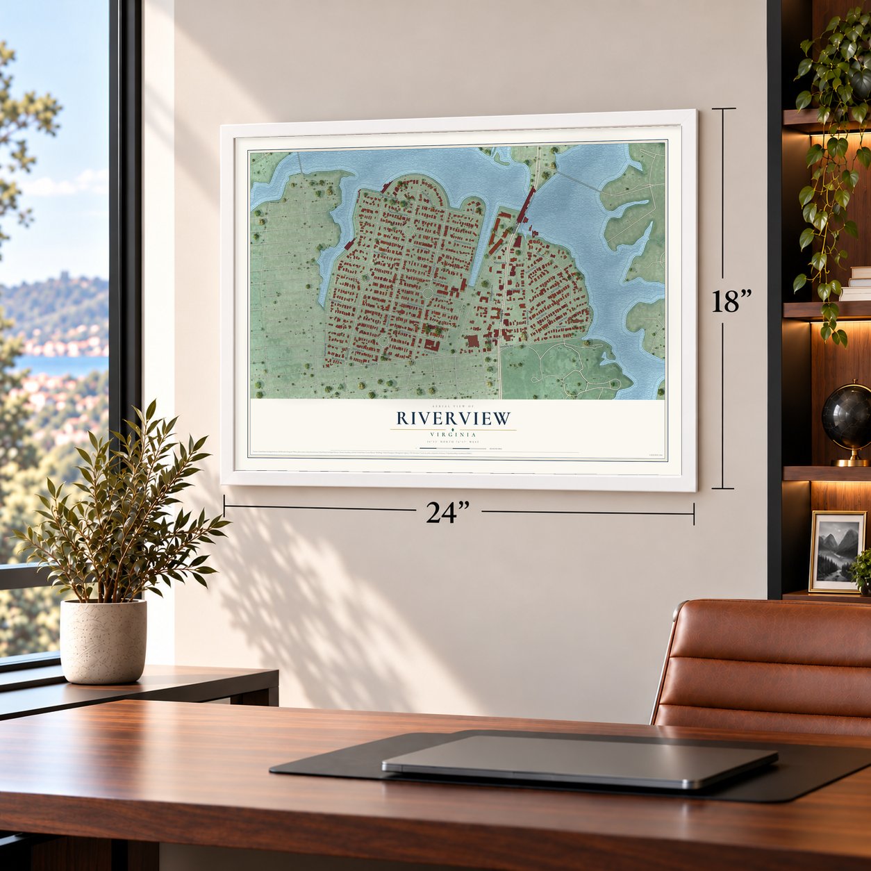 Riverview, Norfolk, Virginia map, 18 x 24 inch print in a white frame in a home office