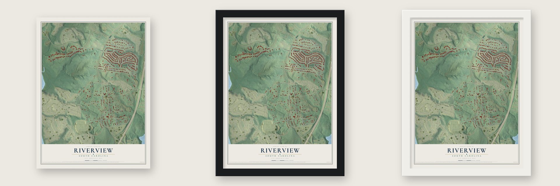 Riverview, South Carolina map unframed, in a black wood frame and in a white wood frame