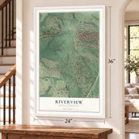 Riverview, South Carolina map, 24 x 36 inch print in a white frame by a staircase