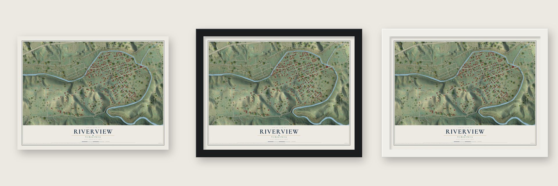Riverview, Virginia map unframed, in a black wood frame and in a white wood frame