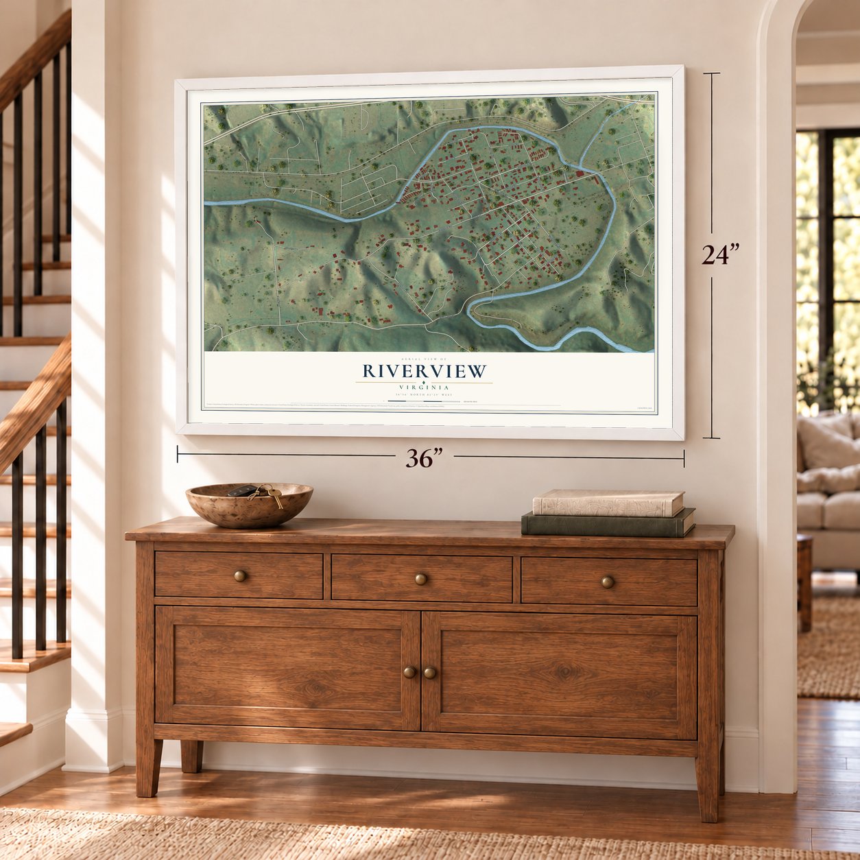 Riverview, Virginia map, 24 x 36 inch print in a white frame above a dresser by a staircase