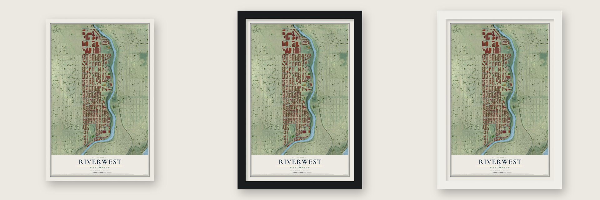 Riverwest, Wisconsin map unframed, in a black wood frame and in a white wood frame