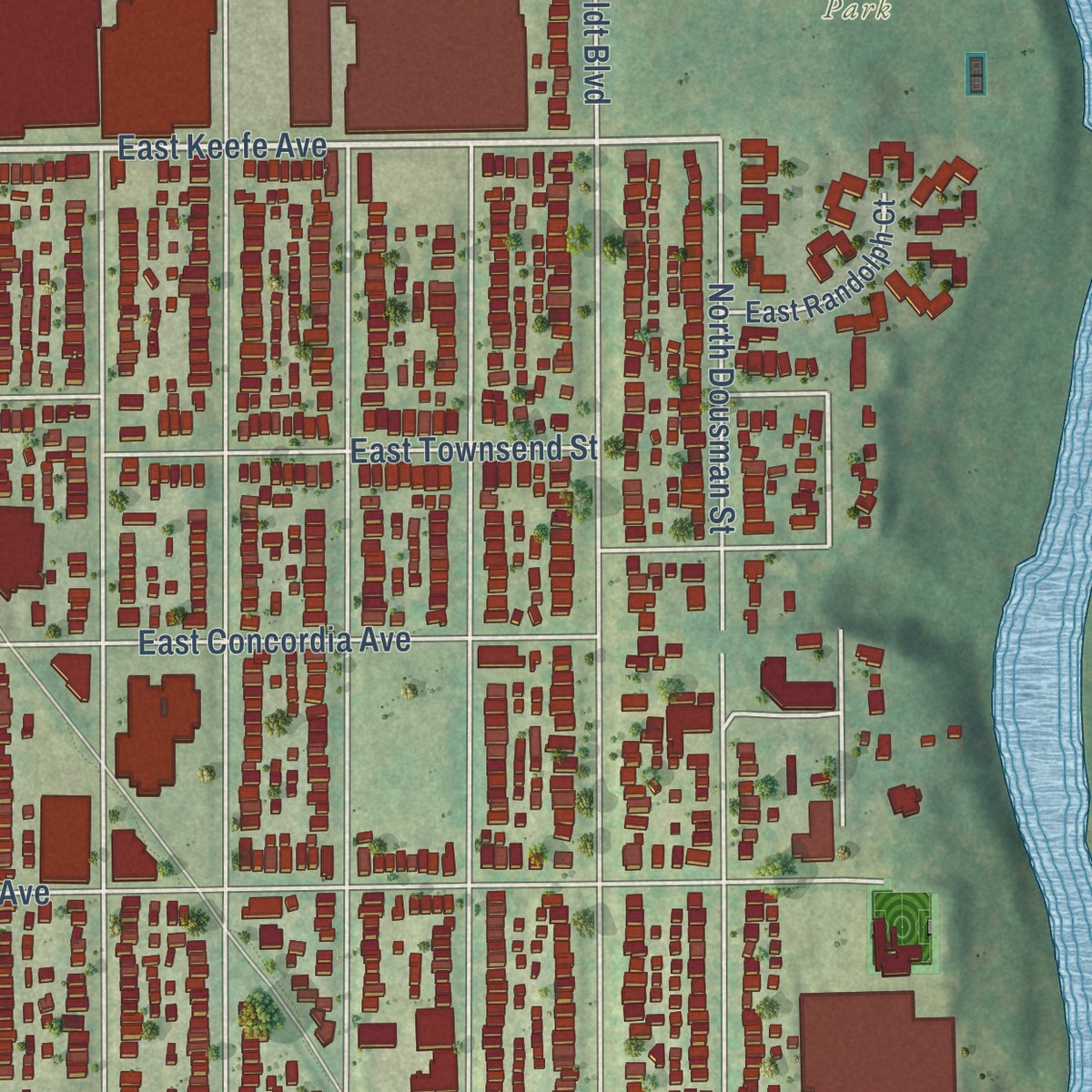 Second close-up of the map of Riverwest, Wisconsin print showing more streets and buildings
