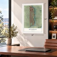 Riverwest, Wisconsin map, 18 x 24 inch print in a white frame in a home office