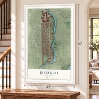 Riverwest, Wisconsin map, 24 x 36 inch print in a white frame by a staircase