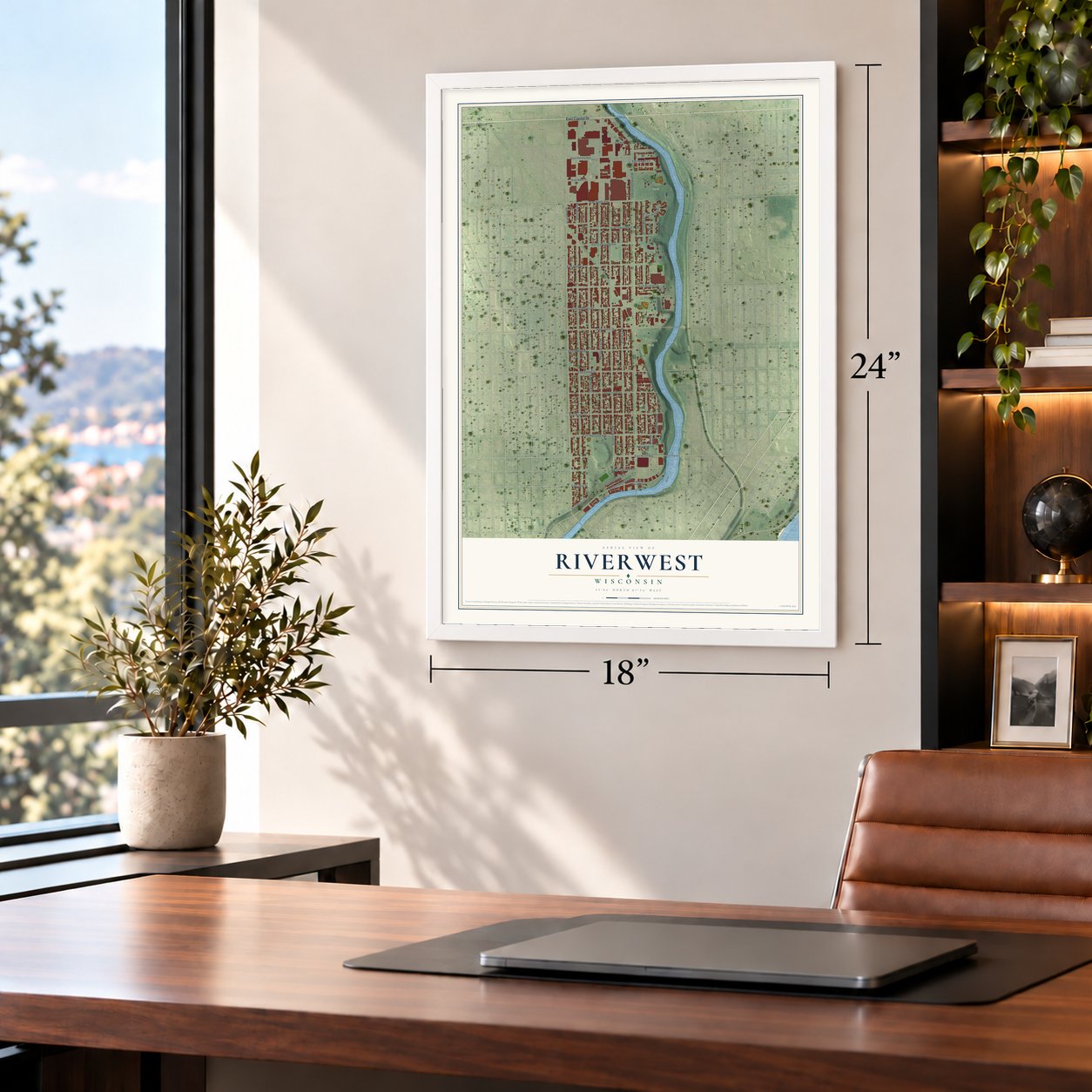 Riverwest, Wisconsin map, 18 x 24 inch print in a white frame in a home office