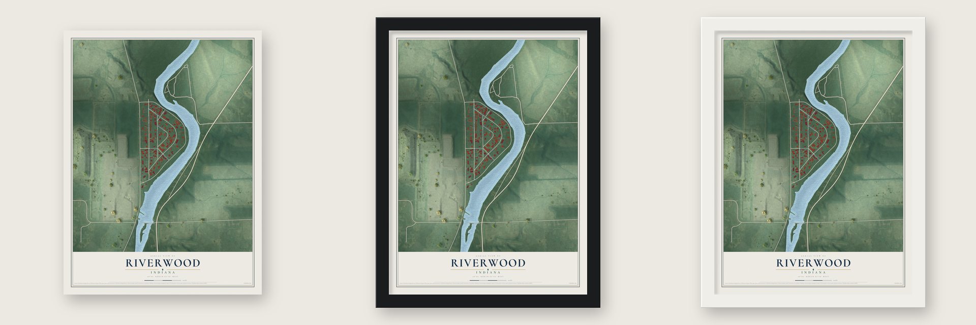 Riverwood, Indiana map unframed, in a black wood frame and in a white wood frame
