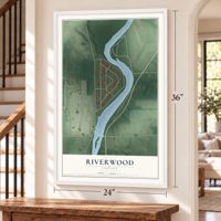 Riverwood, Indiana map, 24 x 36 inch print in a white frame by a staircase