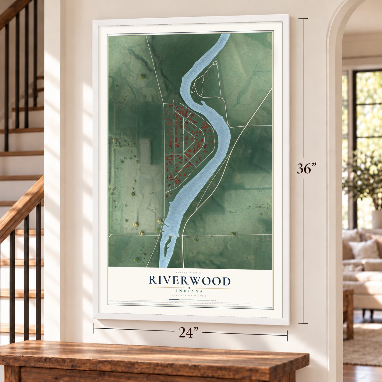 Riverwood, Indiana map, 24 x 36 inch print in a white frame by a staircase