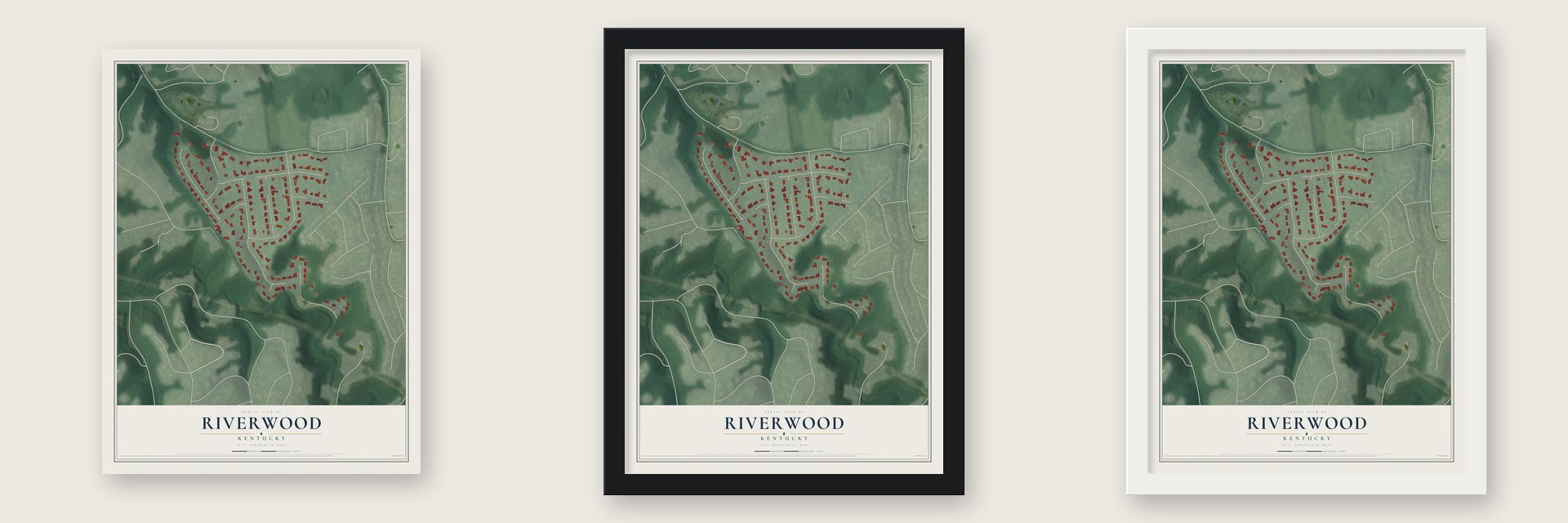 Riverwood, Kentucky map unframed, in a black wood frame and in a white wood frame