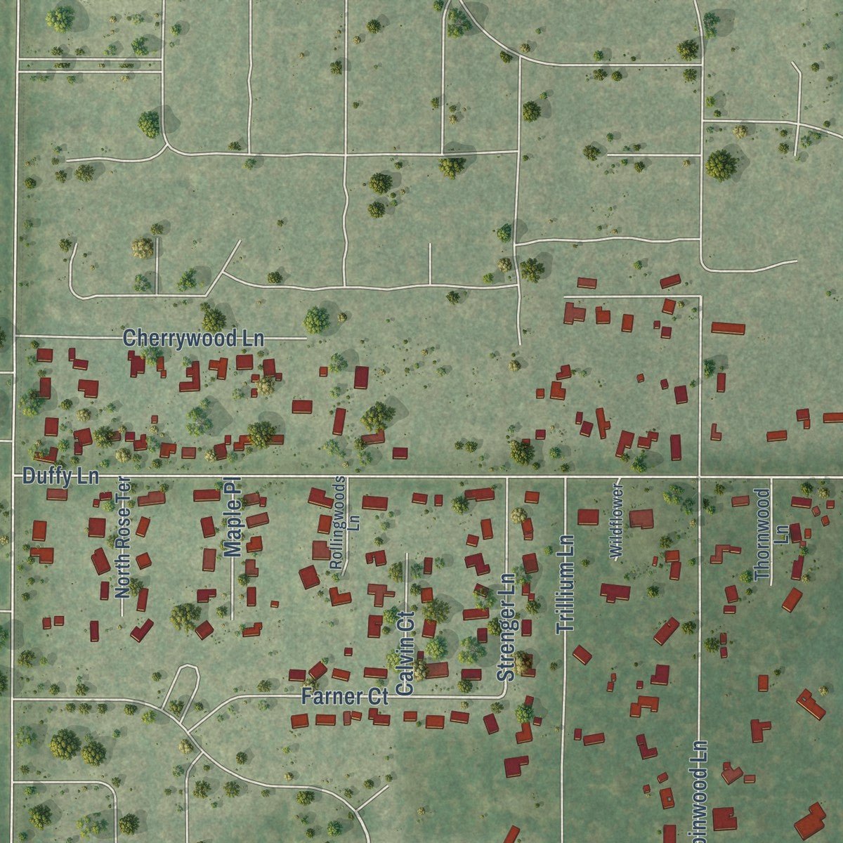 Second close-up of the map of Riverwoods, Illinois print showing more streets and buildings