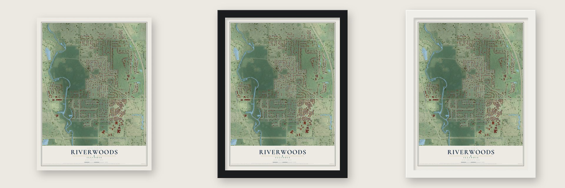 Riverwoods, Illinois map unframed, in a black wood frame and in a white wood frame