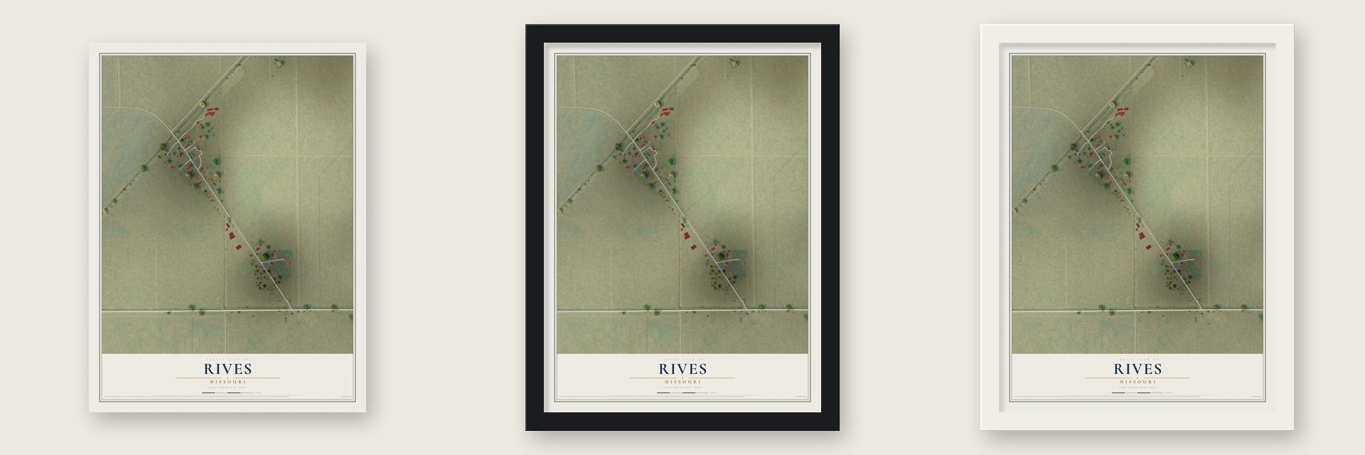 Rives, Missouri map unframed, in a black wood frame and in a white wood frame