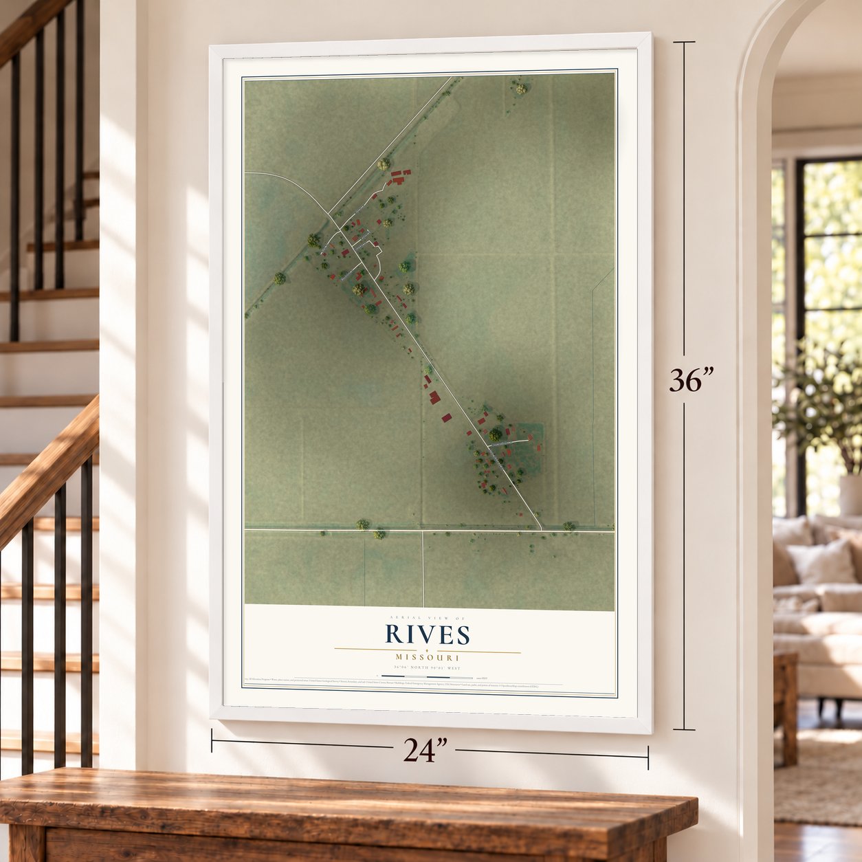 Rives, Missouri map, 24 x 36 inch print in a white frame by a staircase