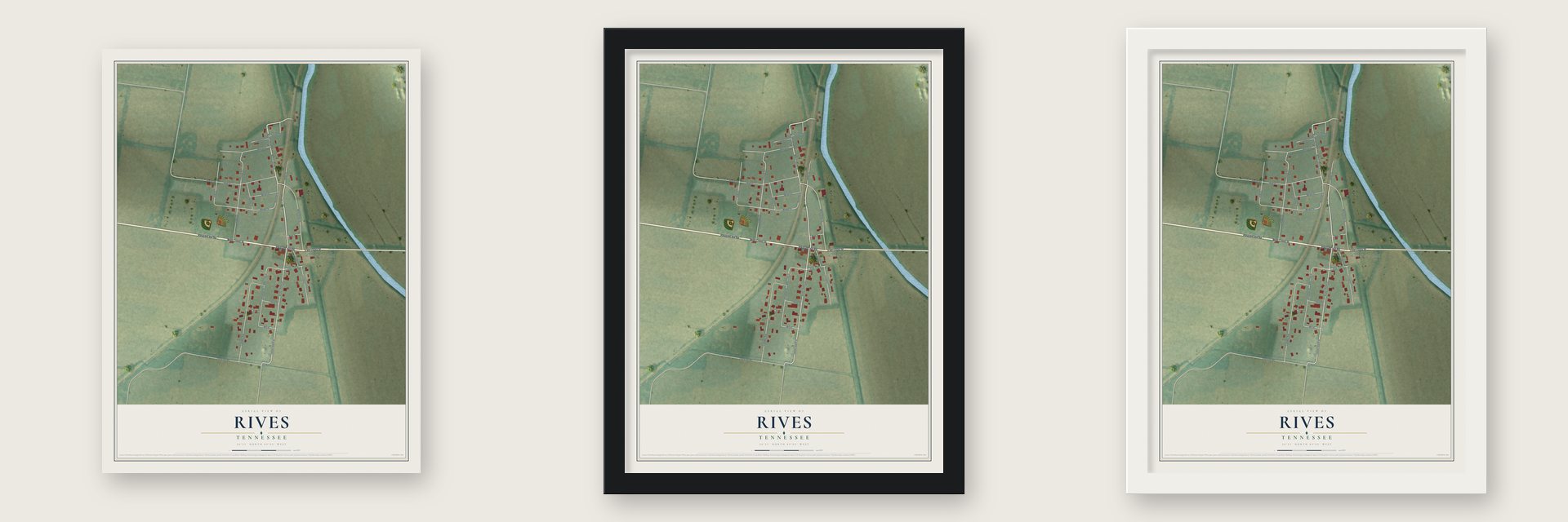 Rives, Tennessee map unframed, in a black wood frame and in a white wood frame