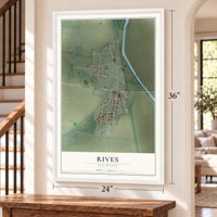 Rives, Tennessee map, 24 x 36 inch print in a white frame by a staircase