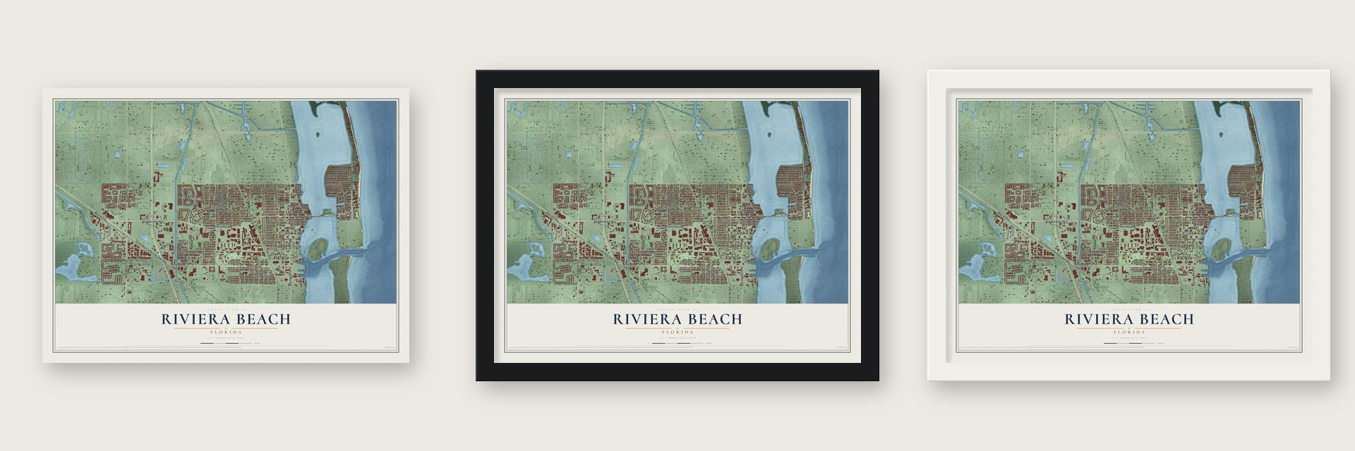 Riviera Beach, Florida map unframed, in a black wood frame and in a white wood frame