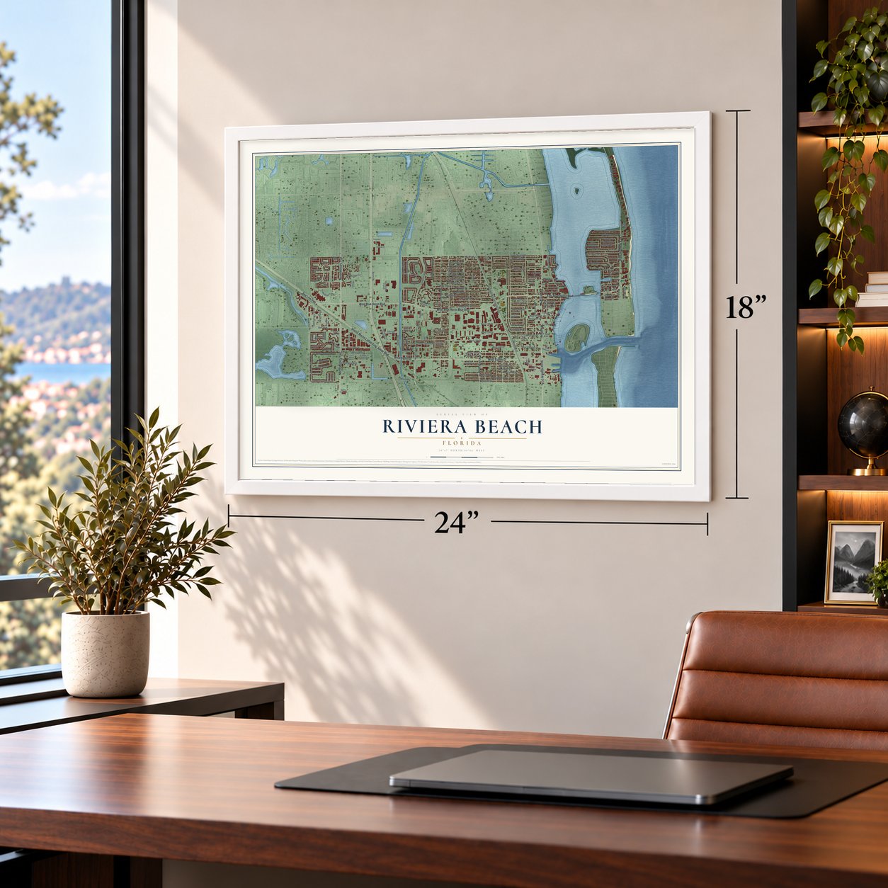 Riviera Beach, Florida map, 18 x 24 inch print in a white frame in a home office