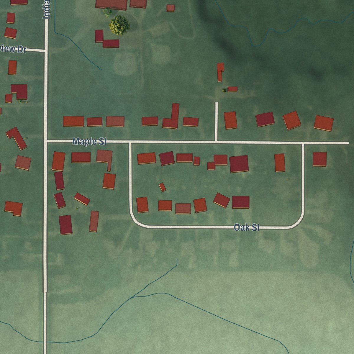 Second close-up of the map of Roachdale, Indiana print showing more streets and buildings