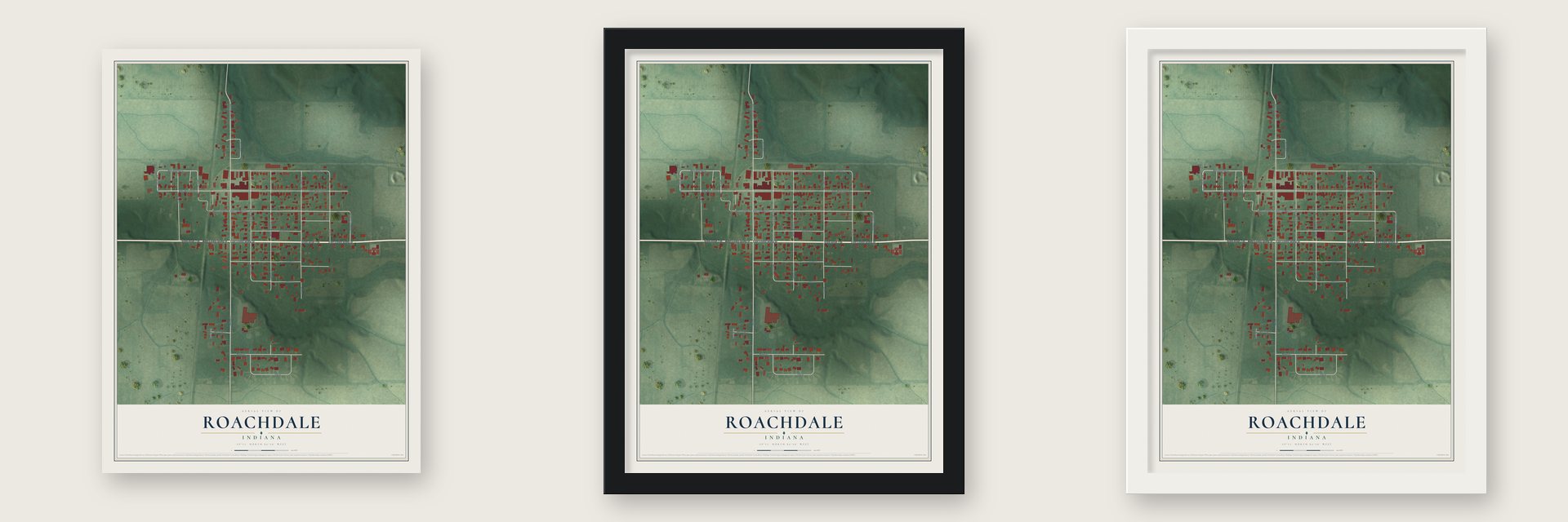 Roachdale, Indiana map unframed, in a black wood frame and in a white wood frame