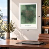 Roachdale, Indiana map, 18 x 24 inch print in a white frame in a home office