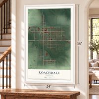Roachdale, Indiana map, 24 x 36 inch print in a white frame by a staircase