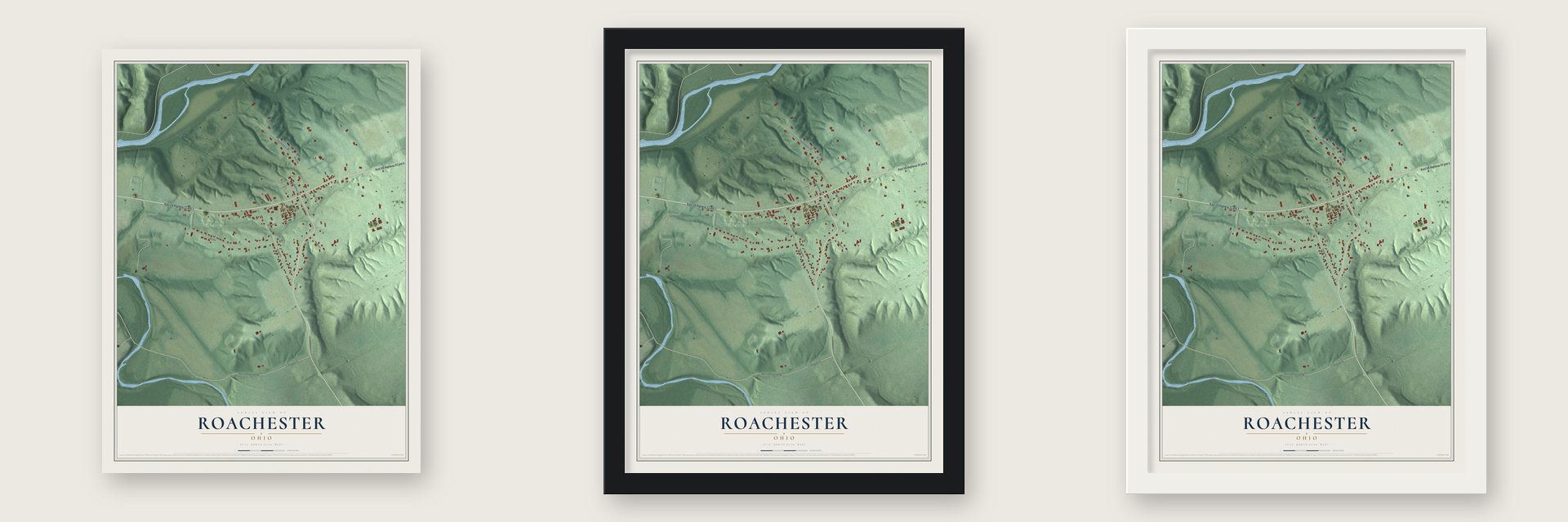 Roachester, Ohio map unframed, in a black wood frame and in a white wood frame