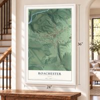 Roachester, Ohio map, 24 x 36 inch print in a white frame by a staircase