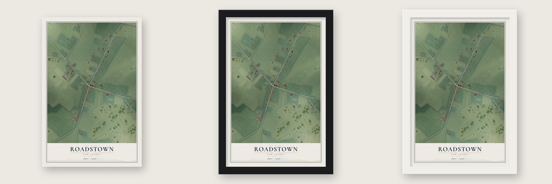 Roadstown, New Jersey map unframed, in a black wood frame and in a white wood frame