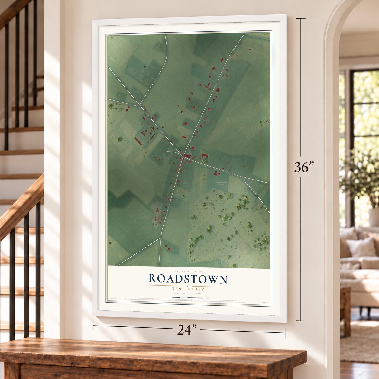 Roadstown, New Jersey map, 24 x 36 inch print in a white frame by a staircase