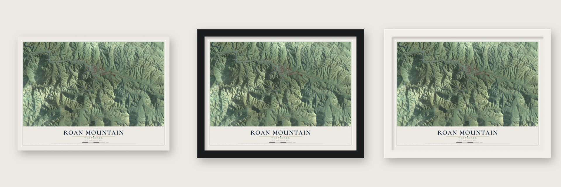 Roan Mountain, Tennessee map unframed, in a black wood frame and in a white wood frame