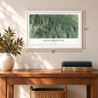 Roan Mountain, Tennessee map, 12 x 18 inch print in a white frame in an entryway