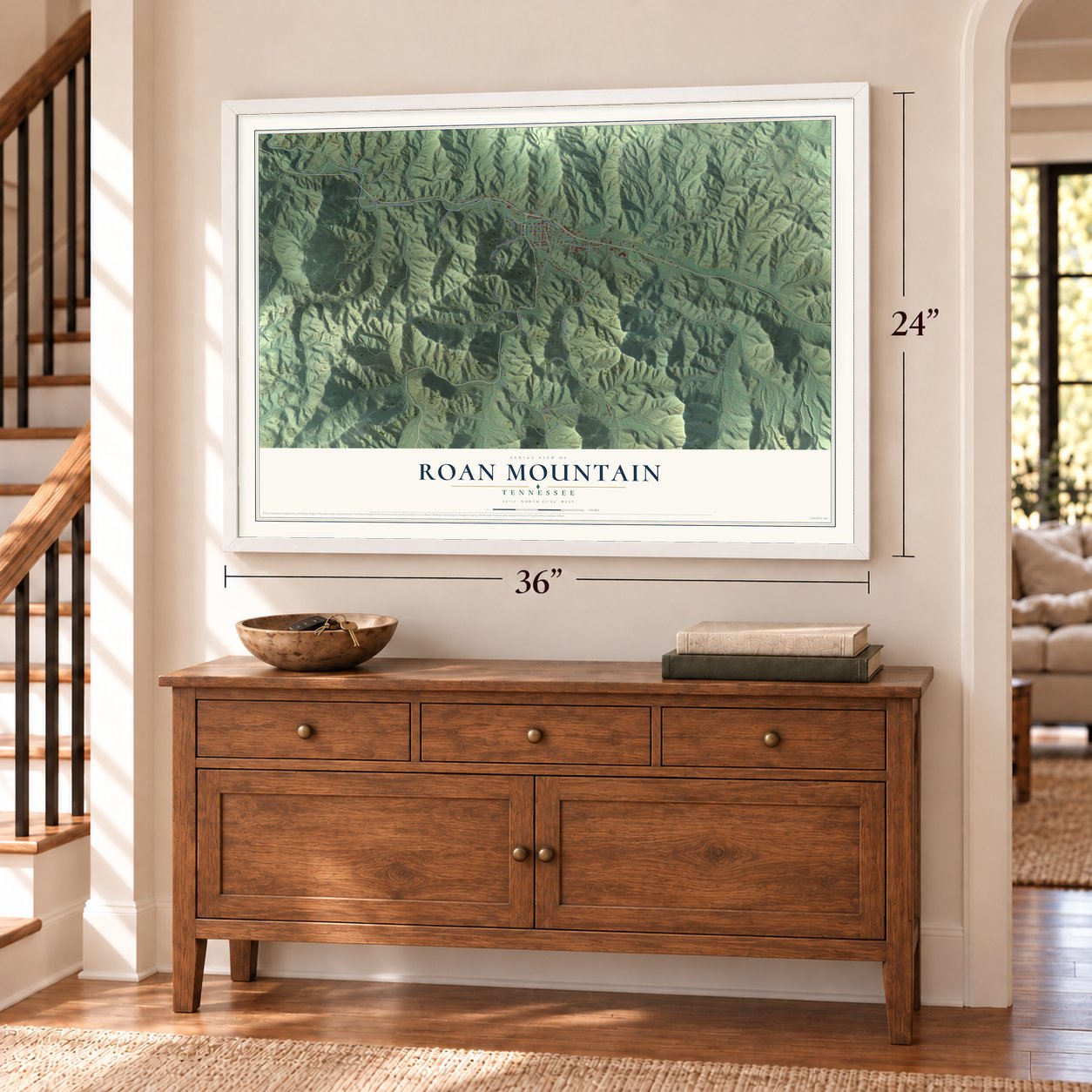 Roan Mountain, Tennessee map, 24 x 36 inch print in a white frame above a dresser by a staircase