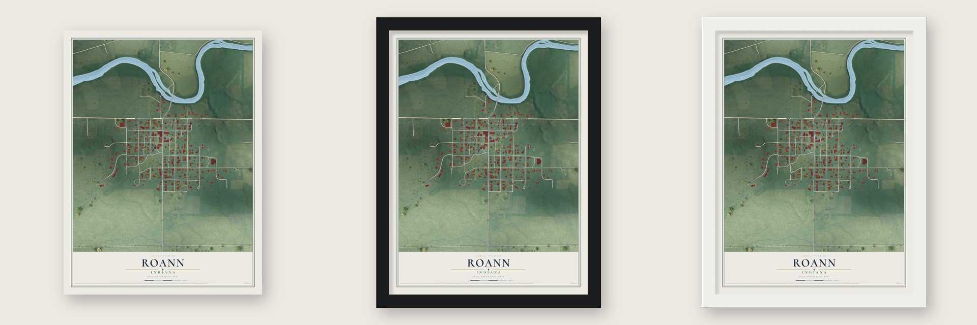 Roann, Indiana map unframed, in a black wood frame and in a white wood frame