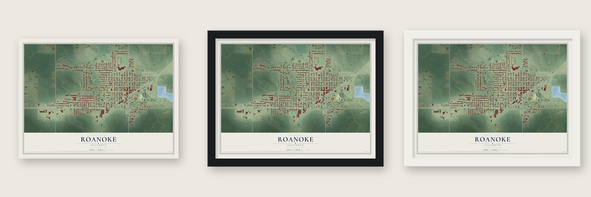 Roanoke, Illinois map unframed, in a black wood frame and in a white wood frame