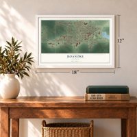Roanoke, Illinois map, 12 x 18 inch print in a white frame in an entryway