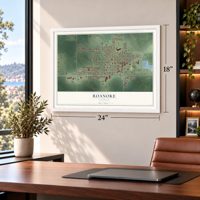 Roanoke, Illinois map, 18 x 24 inch print in a white frame in a home office