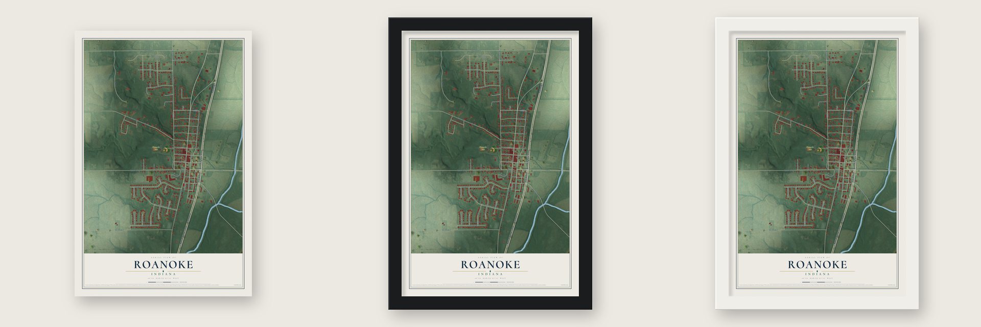 Roanoke, Indiana map unframed, in a black wood frame and in a white wood frame