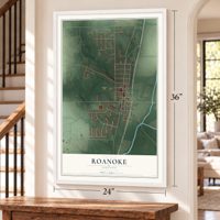 Roanoke, Indiana map, 24 x 36 inch print in a white frame by a staircase