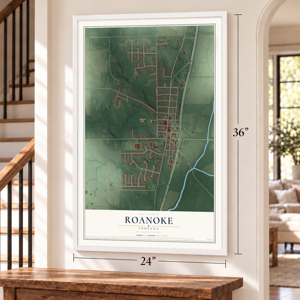 Roanoke, Indiana map, 24 x 36 inch print in a white frame by a staircase